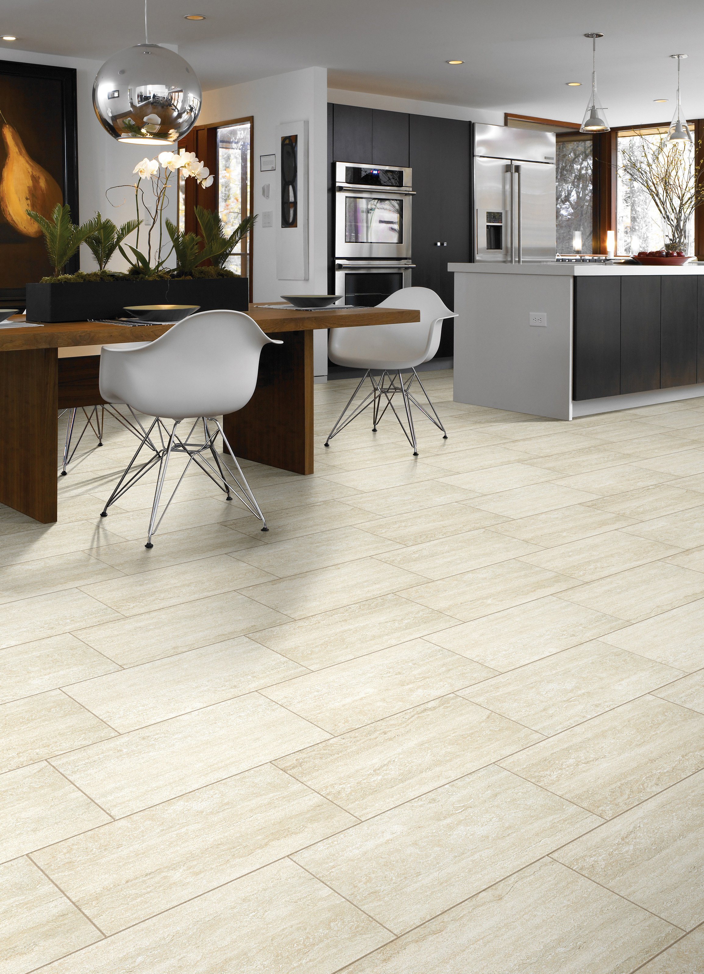 Interior Home Office with Pale, Wood-look porcelain tile